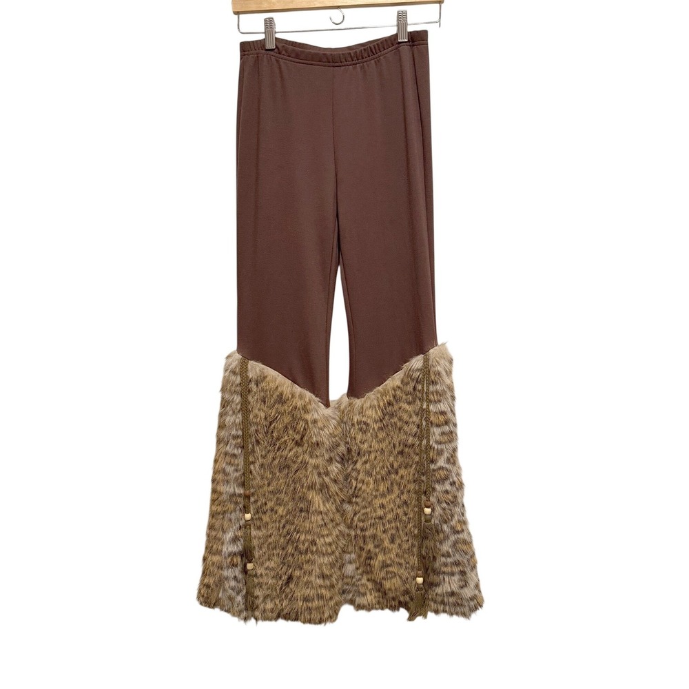 Faux Fur Bottom Pants Women's M Brown Leopard Flare Pants Y2K Festival Rave Boho